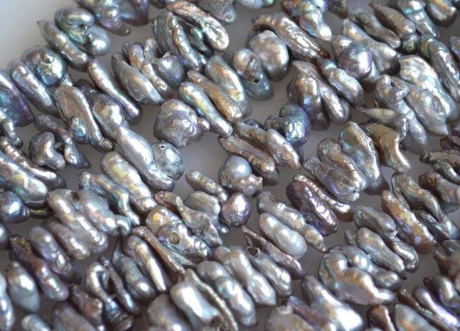 8 x 12-13 mm Siver Gray Keshi Freshwater Pearl Beads, Center Drilled Biwa Roundell Pearl Beads, Cultered Biwa Pearls #120