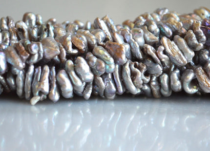 8 x 12-13 mm Siver Gray Keshi Freshwater Pearl Beads, Center Drilled Biwa Roundell Pearl Beads, Cultered Biwa Pearls #120