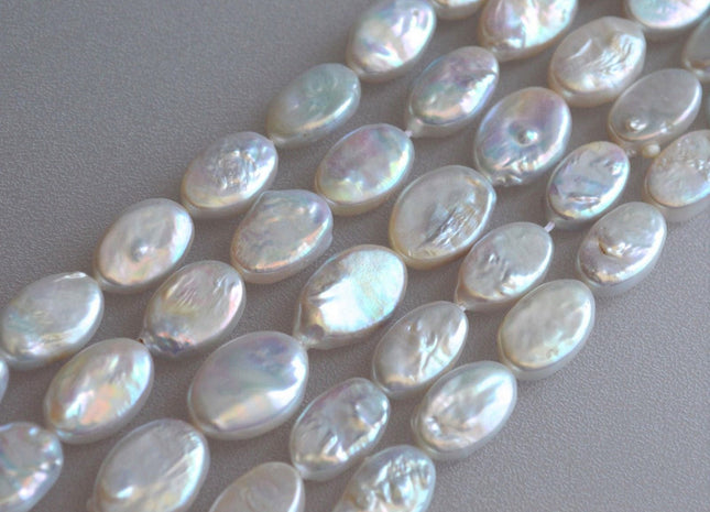 10x14-15 mm AAA Natural Freshwater Pearl Oval Coin Cultured Genuine Coin Pearl High Luster White Oval Pearl Bead #144