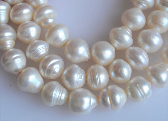 10-12mm Full Strand Rice / Oval Large Hole White Freshwater Pearls With Ring, Hole Size 2.2 mm #43