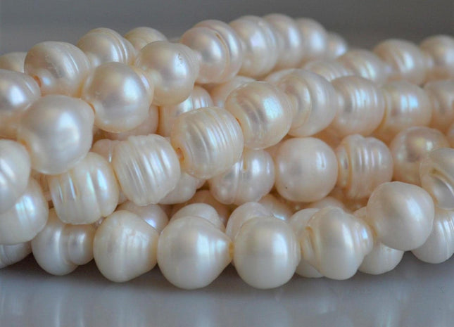 10-12mm Full Strand Rice / Oval Large Hole White Freshwater Pearls With Ring, Hole Size 2.2 mm #43