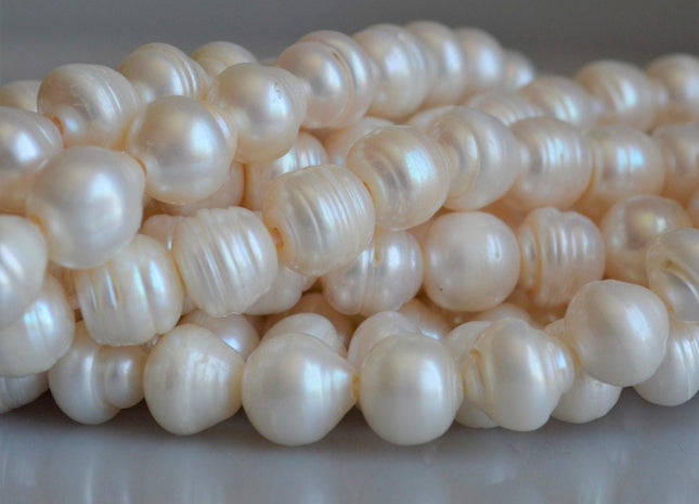 10-12mm Full Strand Rice / Oval Large Hole White Freshwater Pearls With Ring, Hole Size 2.2 mm #43