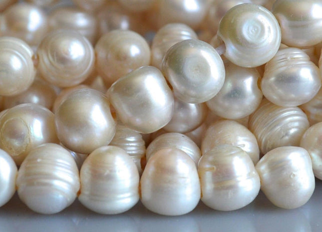 12-13 mm Half Strand Ringed Natural White Potato Large Hole Freshwater Pearl Beads, 2mm Hole, Large Hole White Potato Pearls #44