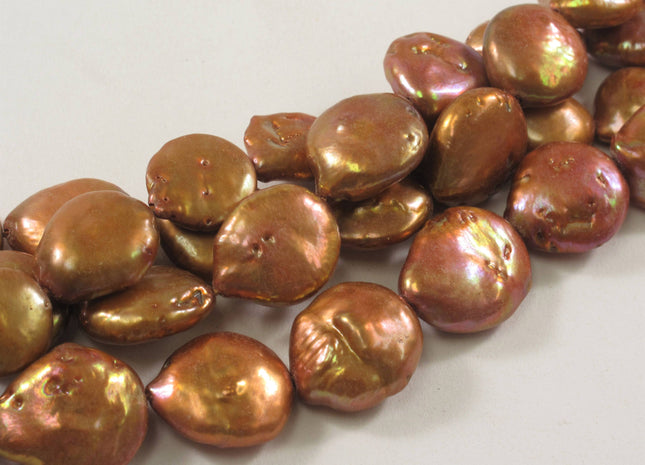 13-14 mm TearDrop Flat Coin Freshwater Pearls Golden Pinkish Brown Color, Teardrop Irregular Golden Brown Flat Coin Pearl Beads #412