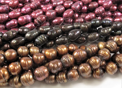 10-12 x 12-14mm Rice/Oval Ringed Genuine Freshwater Pearl Beads, Cultured Pearls in Olive Green, Brown & Pink Colors (288-RWMIX1114)