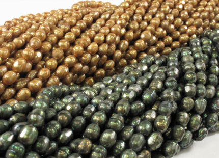 5-6 x 7-8 mm Faceted Rice/Oval Freshwater Pearl Beads Dark Green OR Medium Champagne, Genuine Faceted Cultured Pearl Beads #395