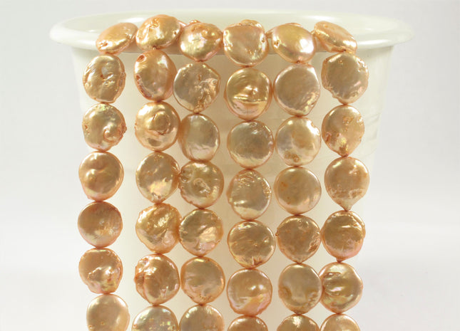 13-14 mm Peach Flat Coin Freshwater Pearl Beads, Large Irregular Flat Coin Beads, Genuine Cultured Coin Pearl Beads #410