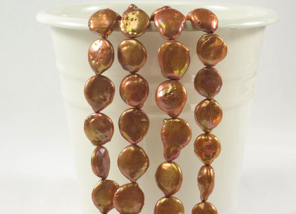 13-14 mm TearDrop Flat Coin Freshwater Pearls Golden Pinkish Brown Color, Teardrop Irregular Golden Brown Flat Coin Pearl Beads #412