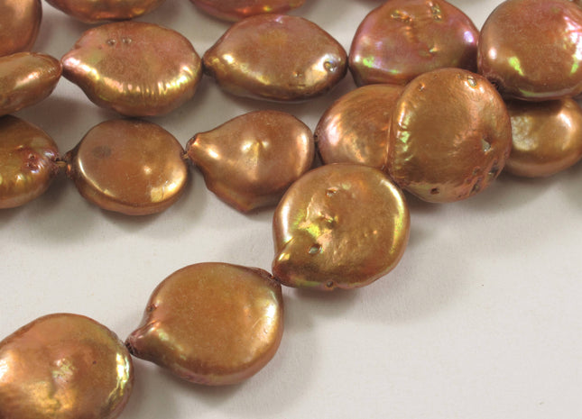 13-14 mm TearDrop Flat Coin Freshwater Pearls Golden Pinkish Brown Color, Teardrop Irregular Golden Brown Flat Coin Pearl Beads #412