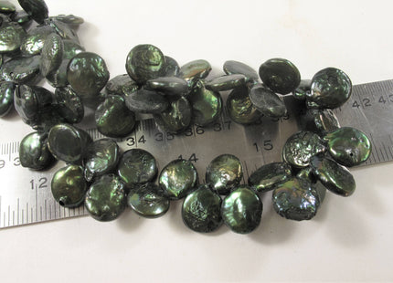 12-13 x 15-17 mm Grade B Top Drilled Teardrop Coin Freshwater Pearl Beads, Genuine Cultured Coin Pearl, Dark Green Coin Pearl Beads #581