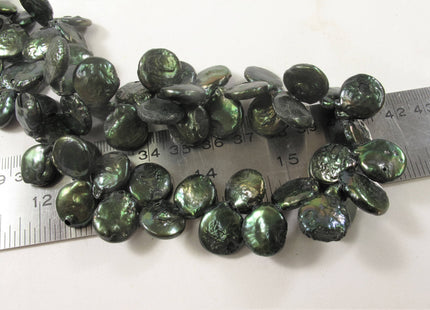 12-13 x 15-17 mm Grade B Top Drilled Teardrop Coin Freshwater Pearl Beads, Genuine Cultured Coin Pearl, Dark Green Coin Pearl Beads #581