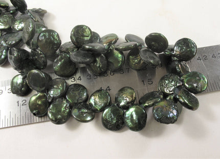 12-13 x 15-17 mm Grade B Top Drilled Teardrop Coin Freshwater Pearl Beads, Genuine Cultured Coin Pearl, Dark Green Coin Pearl Beads #581