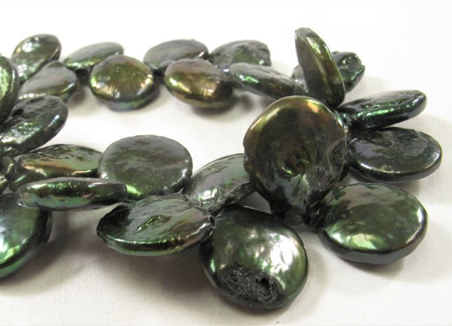 12-13 x 15-17 mm Grade B Top Drilled Teardrop Coin Freshwater Pearl Beads, Genuine Cultured Coin Pearl, Dark Green Coin Pearl Beads #581