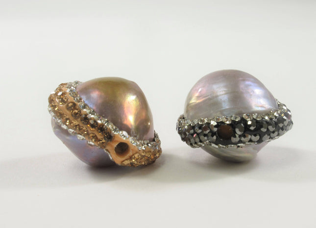 20-24 mm Large Hole Natural Pink Baroque Pearl w/Clear & RoseGold OR Clear and Hematite Rhinestone/Cubic Ziroconia Bead #608