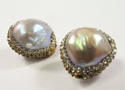 20-24 mm Large Hole Natural Pink Baroque Pearl w/Clear & Gold Rhinestone/Cubic Ziroconia Bead, Center Drilled Bead, 2.2 mm Hole #609