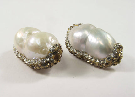 15-20 x 28-32mm LargeHole Peanut Pearl w/Half Pave Gold OR RoseGold OR Hematite Rhinestone/Cubic Ziroconia Pendant Bead 2.2mm Hole #610