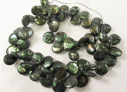 12-13 x 15-17 mm Grade B Top Drilled Teardrop Coin Freshwater Pearl Beads, Genuine Cultured Coin Pearl, Dark Green Coin Pearl Beads #581