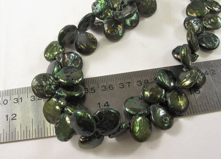 12-13 x 15-17 mm Grade B Top Drilled Teardrop Coin Freshwater Pearl Beads, Genuine Cultured Coin Pearl, Dark Green Coin Pearl Beads #581