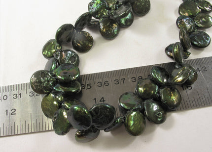 12-13 x 15-17 mm Grade B Top Drilled Teardrop Coin Freshwater Pearl Beads, Genuine Cultured Coin Pearl, Dark Green Coin Pearl Beads #581