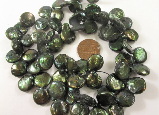 12-13 x 15-17 mm Grade B Top Drilled Teardrop Coin Freshwater Pearl Beads, Genuine Cultured Coin Pearl, Dark Green Coin Pearl Beads #581