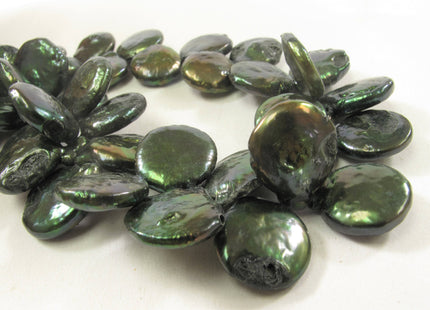 12-13 x 15-17 mm Grade B Top Drilled Teardrop Coin Freshwater Pearl Beads, Genuine Cultured Coin Pearl, Dark Green Coin Pearl Beads #581