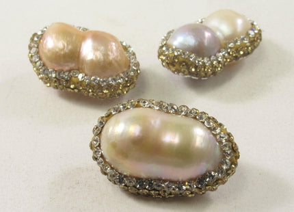 14-15x22-25mm Peanut Pearl With Pave Gold Rose/Gold & Clear Rhinestone/Cubic Zirconia 0.7mm Hole #585