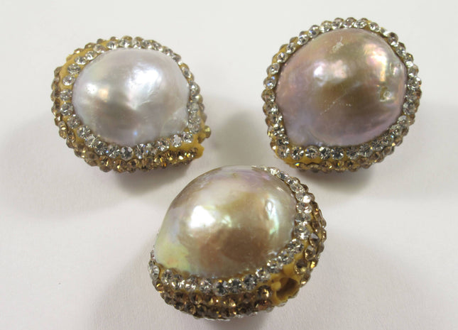 20-24 mm Large Hole Natural Pink Baroque Pearl w/Clear & Gold Rhinestone/Cubic Ziroconia Bead, Center Drilled Bead, 2.2 mm Hole #609