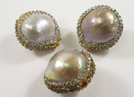 20-24 mm Large Hole Natural Pink Baroque Pearl w/Clear & Gold Rhinestone/Cubic Ziroconia Bead, Center Drilled Bead, 2.2 mm Hole #609