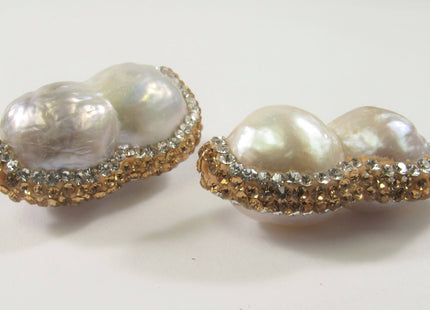 15-20 x 28-32mm LargeHole Peanut Pearl w/Half Pave Gold OR RoseGold OR Hematite Rhinestone/Cubic Ziroconia Pendant Bead 2.2mm Hole #610