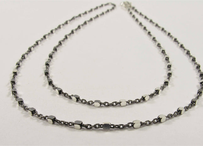 18 inch .925 Oxidized Sterling Silver Chain Necklace,Genuine Solid Sterling Silver Chain Necklace with Silver Square Bead Accent (628-SNK18)