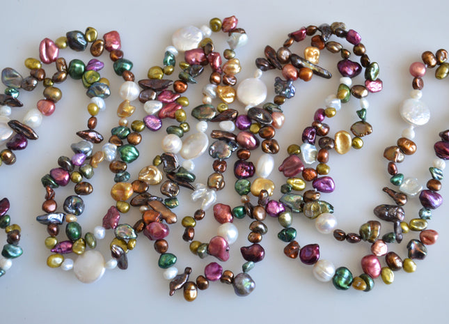 72 inches Mixed Coin And Keshi Pearl Finished Necklace White Pink Purple Green Gold Keshi Long Neckace Genuine Pearl Necklace #719