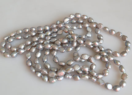 64 inches 8x10mm Rice Nugget Pearl Necklaces Silver Pearl Necklace Natural Freshwater Pearl Necklace #725