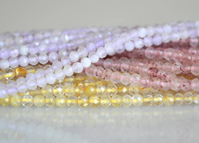 2-2.5 mm Tiny Gemstone Beads Strawberry Quartz Lavender Quartz and Golden-Rutileted Quartz Faceted Round Shape Size 2-2.5mm #2041