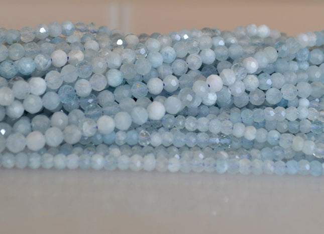 WHOLESALE AAA Natural Gemstone Aquamarine Beads Faceted Round OR Rondelle Shape 4mm and 2.5x3mm #2054