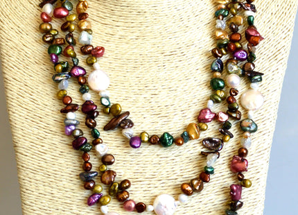 72 inches Mixed Coin And Keshi Pearl Finished Necklace White Pink Purple Green Gold Keshi Long Neckace Genuine Pearl Necklace #719