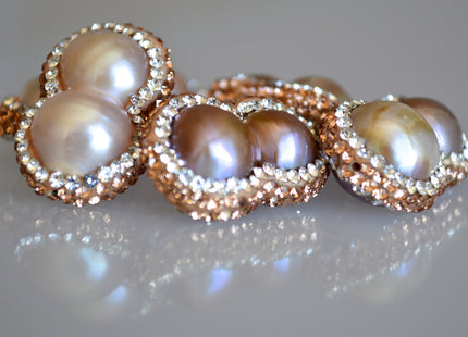14-15x22-25mm Peanut Pearl With Pave Gold Rose/Gold & Clear Rhinestone/Cubic Zirconia 0.7mm Hole #585