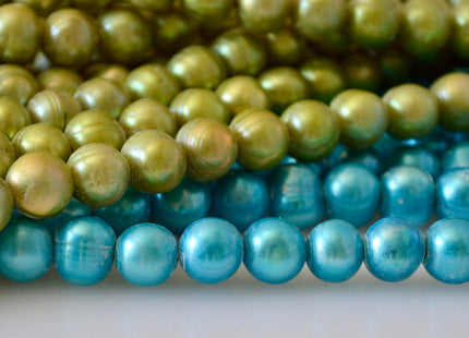 9-11 mm Large Hole Potato Shape Cyan Blue and Lime Green Color Freshwater Pearl Beads Hole 2.1mm Genuine Freshwater LargeHole Pearls # 794