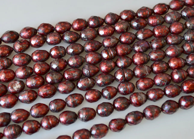 8-9x11-12mm Faceted Rice/Oval Freshwater Pearl Beads Dark Red Color #803