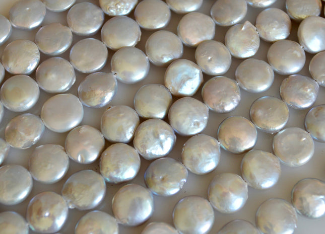 11-13 mm AA Light Silver Gray Round Coin Freshwater Pearl Beads Flat Coin Pearl Beads #837