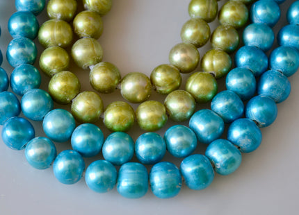 9-11 mm Large Hole Potato Shape Cyan Blue and Lime Green Color Freshwater Pearl Beads Hole 2.1mm Genuine Freshwater LargeHole Pearls # 794