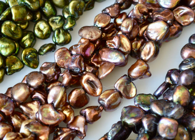9-10x10-13mm Cornflakes Shape Keshi Freshwater Pearl Beads Green Copper & Dark Colors #802