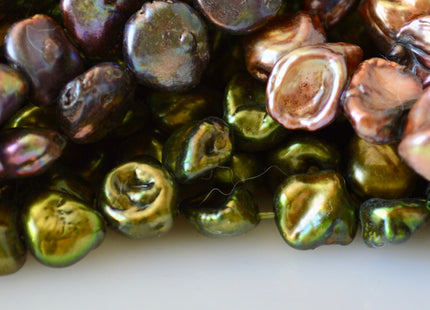 9-10x10-13mm Cornflakes Shape Keshi Freshwater Pearl Beads Green Copper & Dark Colors #802