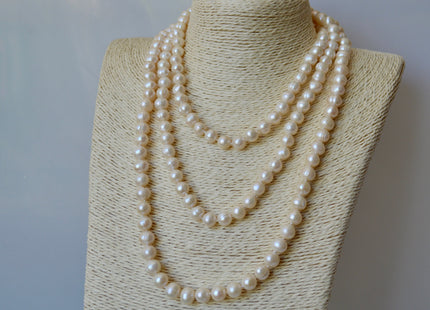 64 inches 9mm Potato Shape Pearl Necklaces Hand Single Knot White Color Pearl Necklace #314