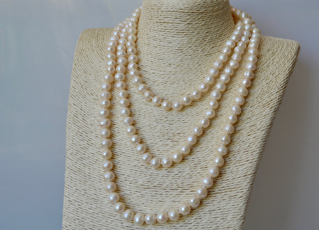 64 inches 8-10 mm Natural White Potato Pearl Necklaces Hand Knotted Long Pearl Necklace #314