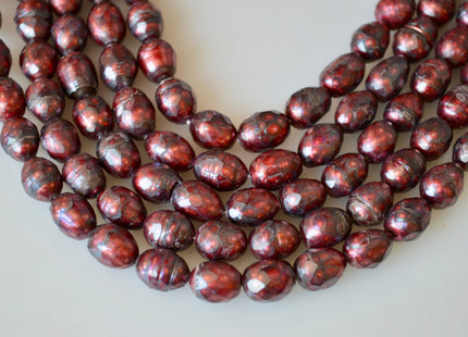 8-9x11-12mm Faceted Rice/Oval Freshwater Pearl Beads Dark Red Color #803