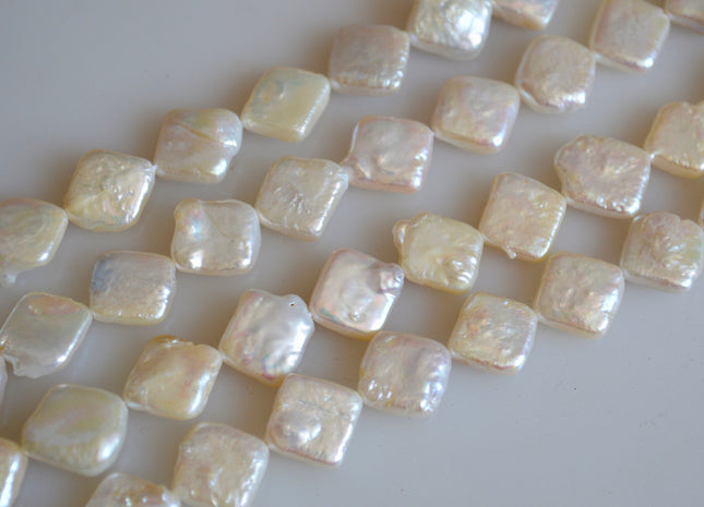 11 mm AA Natural White Square Coin Shape Diagonal Hole Genuine Pearl Beads #145