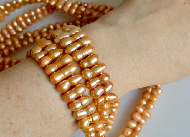 6-7x14-18mm Peanut Fun Shape Yellow/Gold Color Double Drilled Freshwater Pearl Beads #844