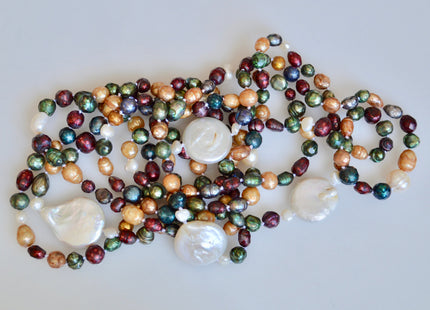 72 inches 6-21mm Faceted and Coin Genuine Pearl Necklace Multi Color Pearl Necklace Long Pearl Necklace #874