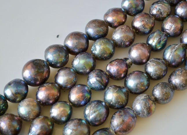12-15mm Large Hole Dark Green Peacock Color Baroque Pearl Beads 2mm Hole #241