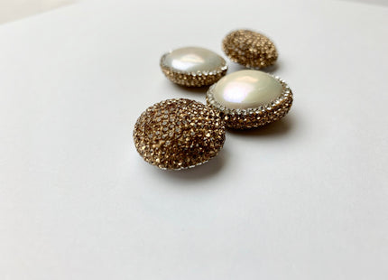 23-24mm AA Coin Freshwater Pearl Pendent Half Drilled W/ Pave Gold Rhinestone 0.7 mm Hole Genuine Freshwater Coin Pearl Pendant #1175